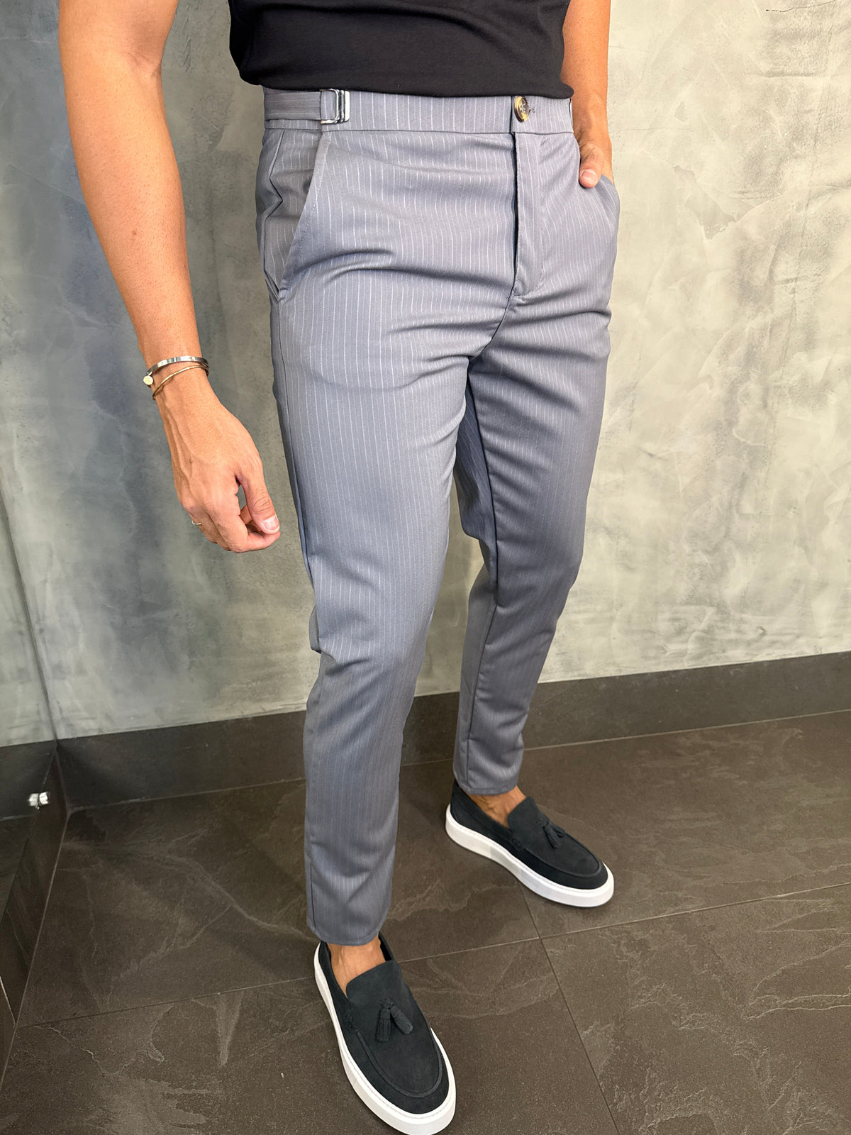 CALÇA ALF. RISCA DE GIZ ÉVORA PONTO H CINZA