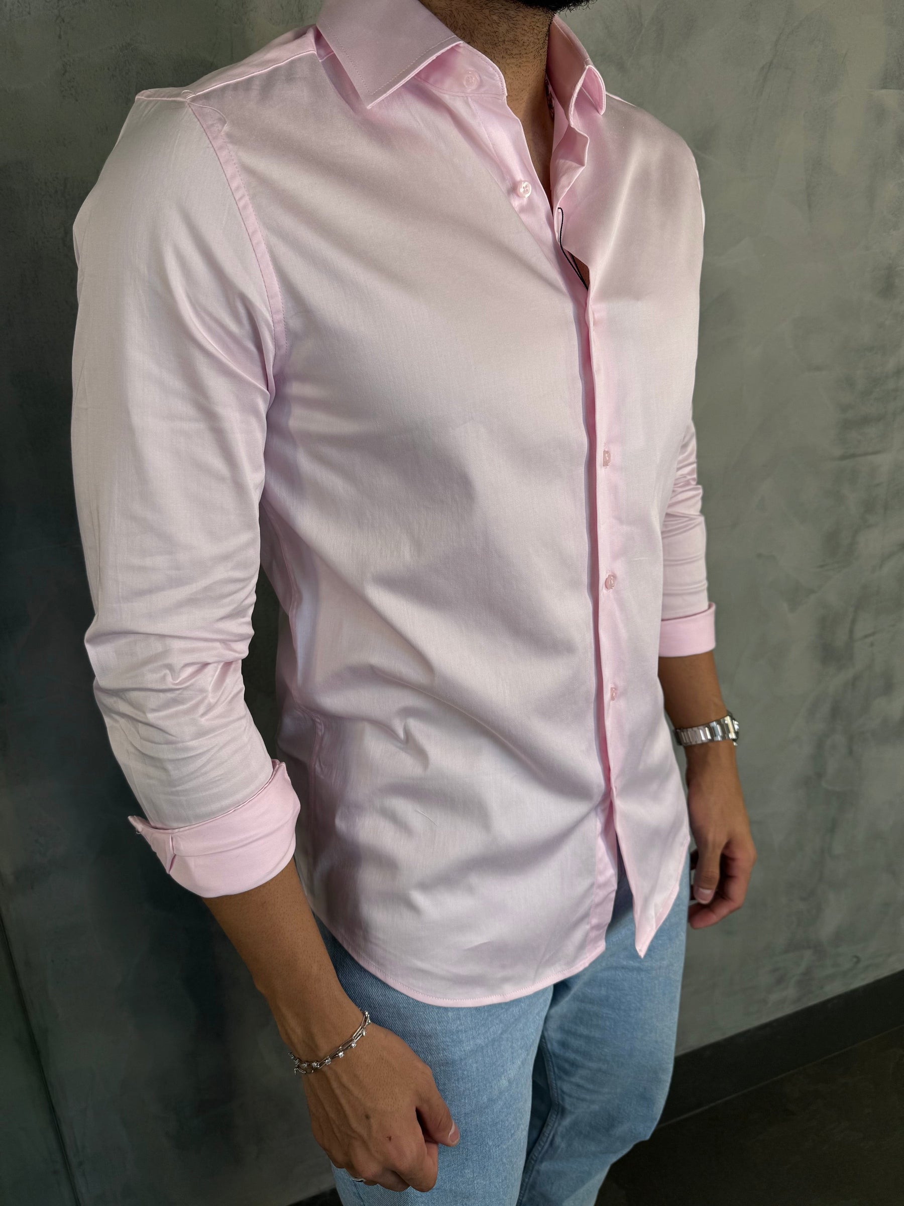 CAMISA M/L CETIM ELASTANO PONTO H ROSA