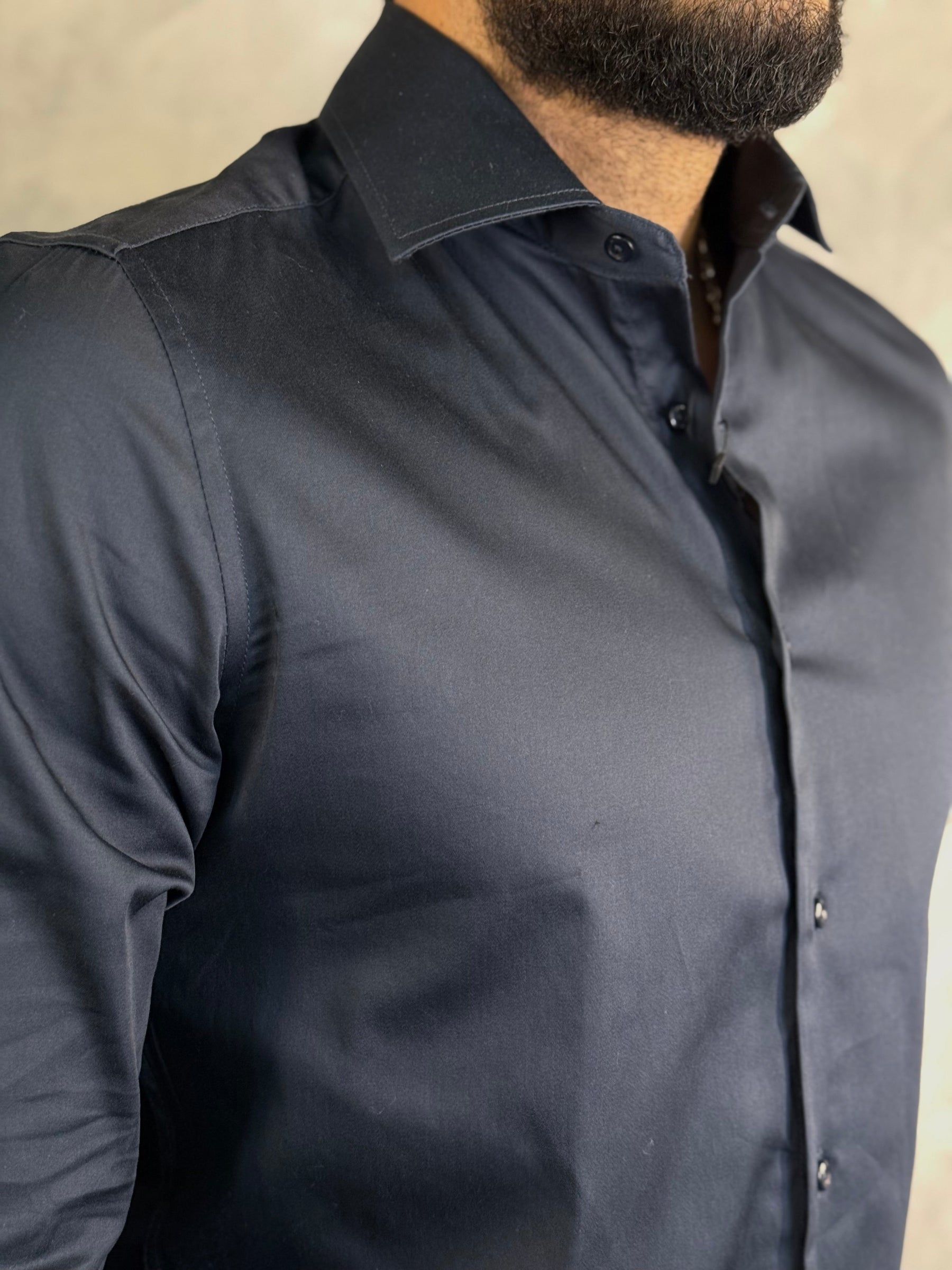 CAMISA M/L CETIM ELASTANO PONTO H MARINHO