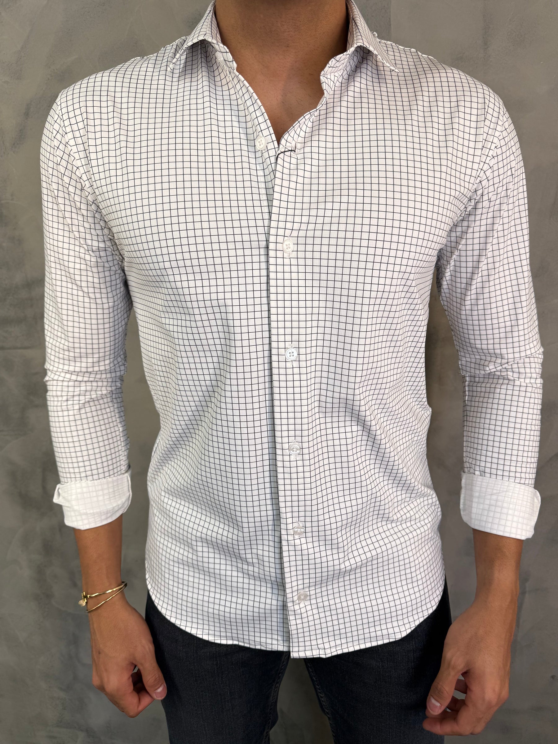 CAMISA M/L SLIM POLIAMIDA XADREZ PONTO H BRANCO