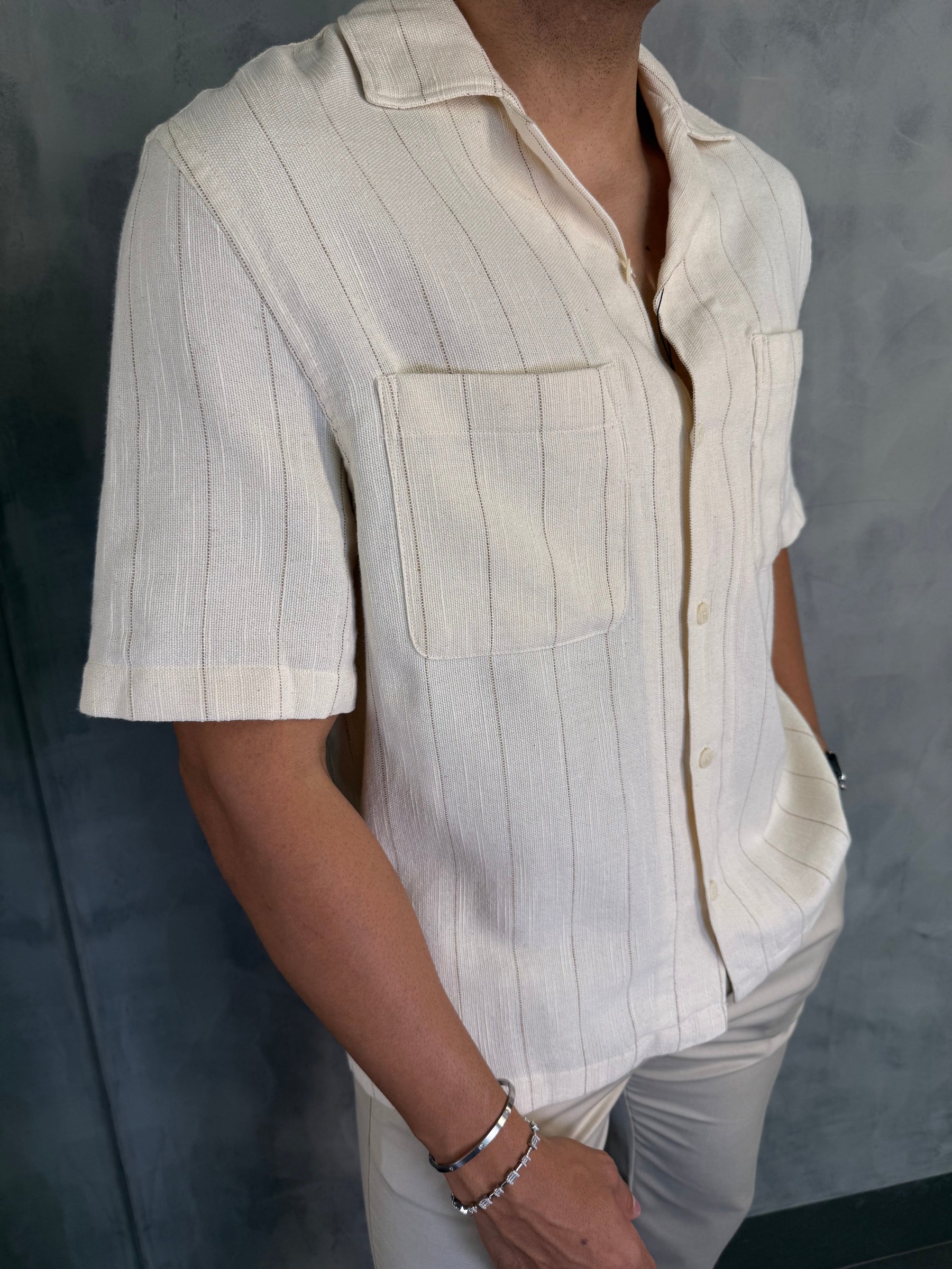 CAMISA M/C LINHO LISTRADO PONTO H OFF WHITE