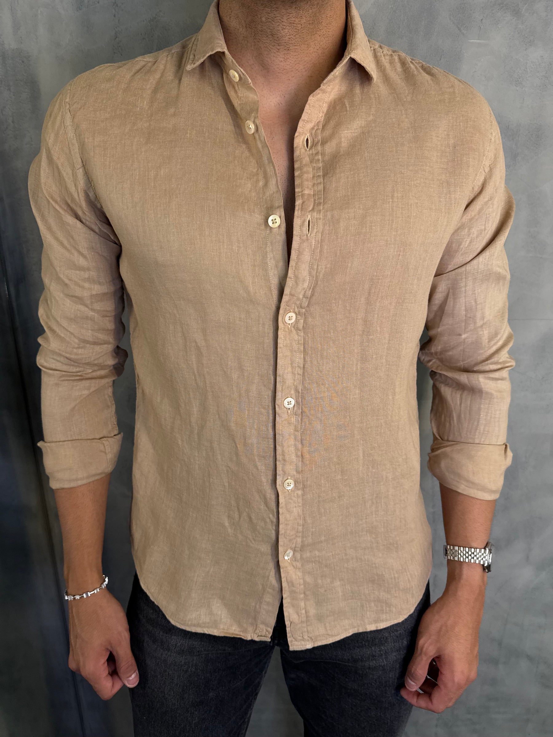 CAMISA M/L PURO LINHO PONTO H BEGE