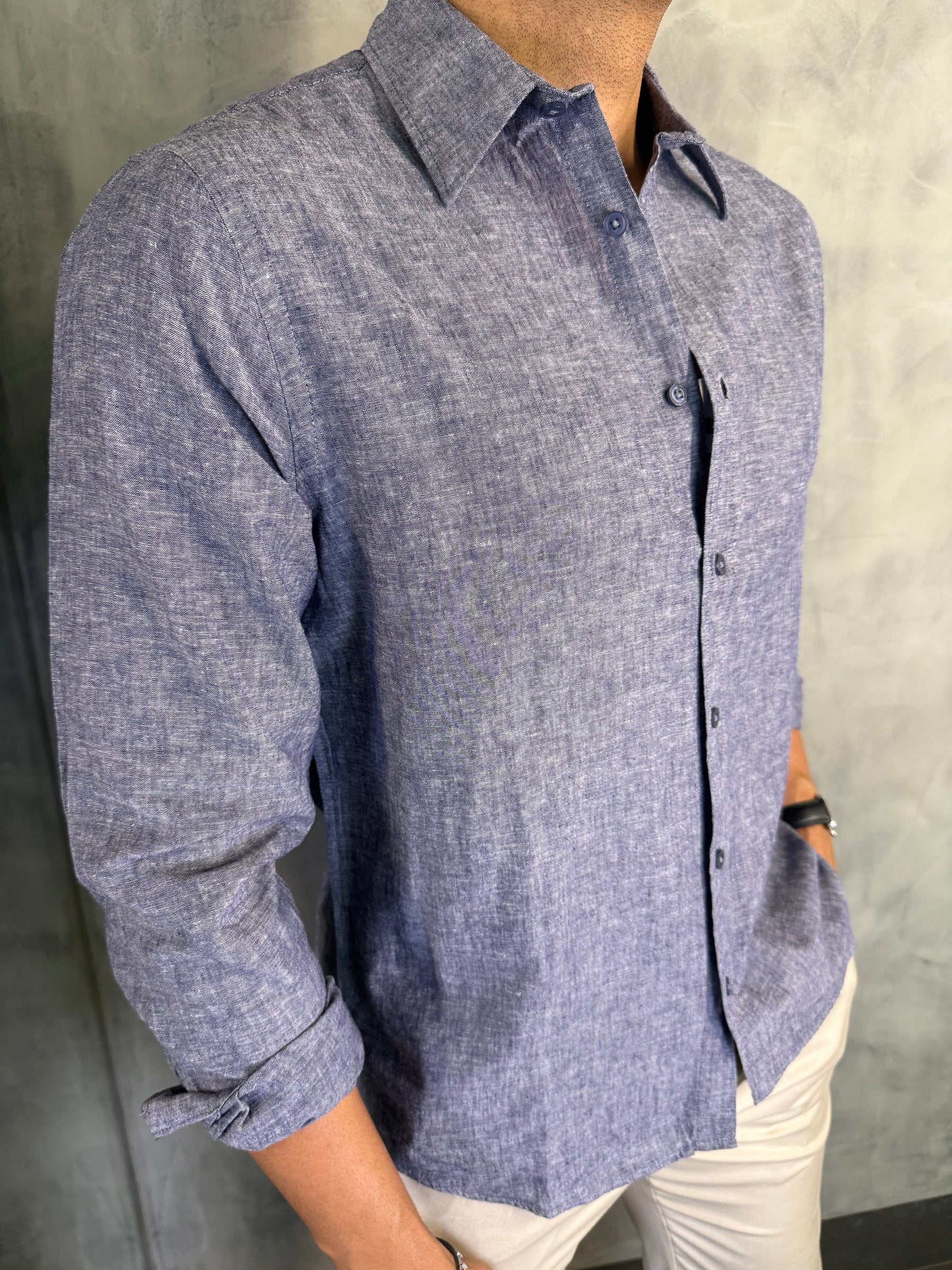 CAMISA M/L LINHO FIO TINTO PONTO H