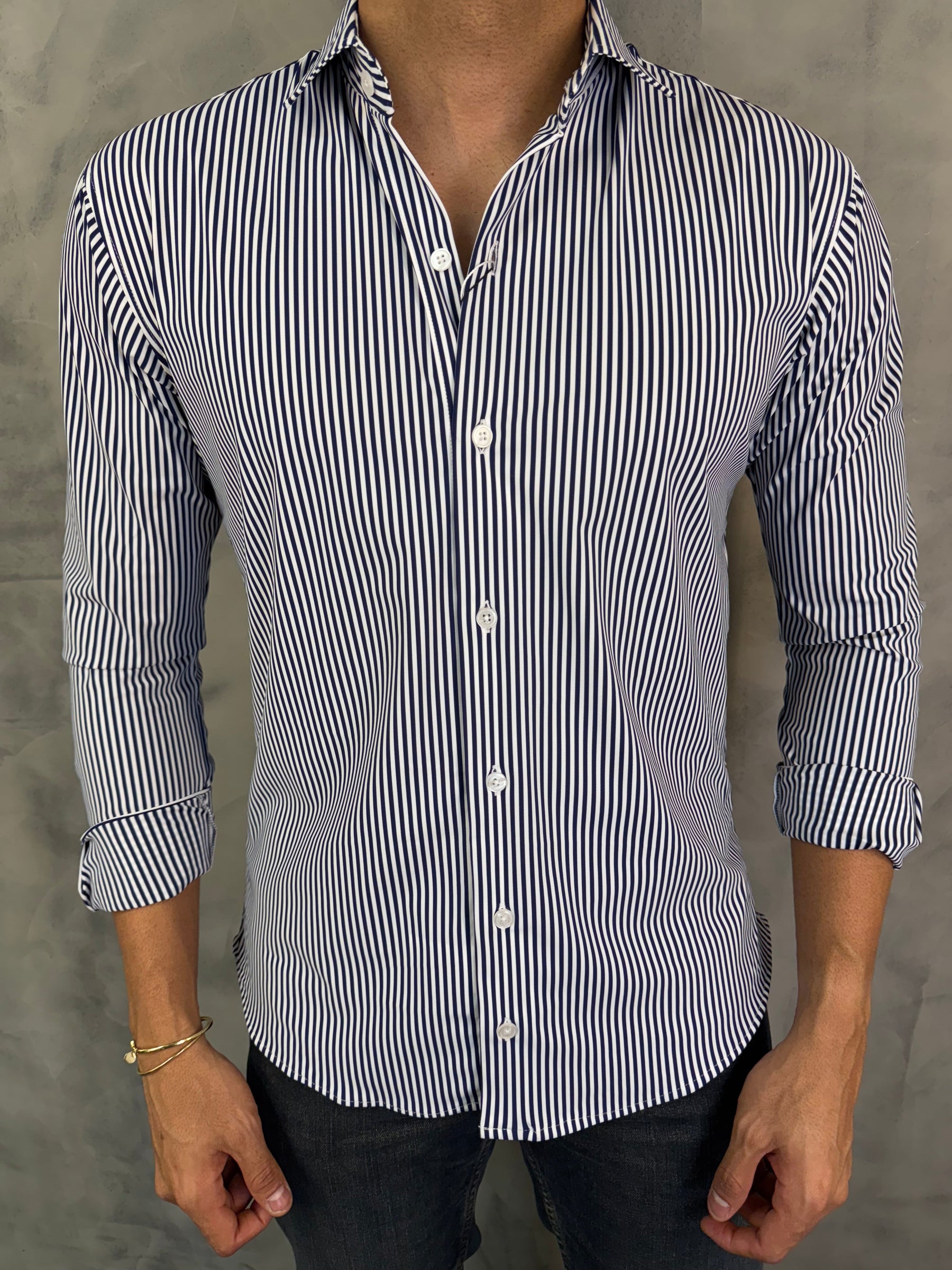 CAMISA M/L SLIM POLIAMIDA LISTRADA PONTO H MARINHO
