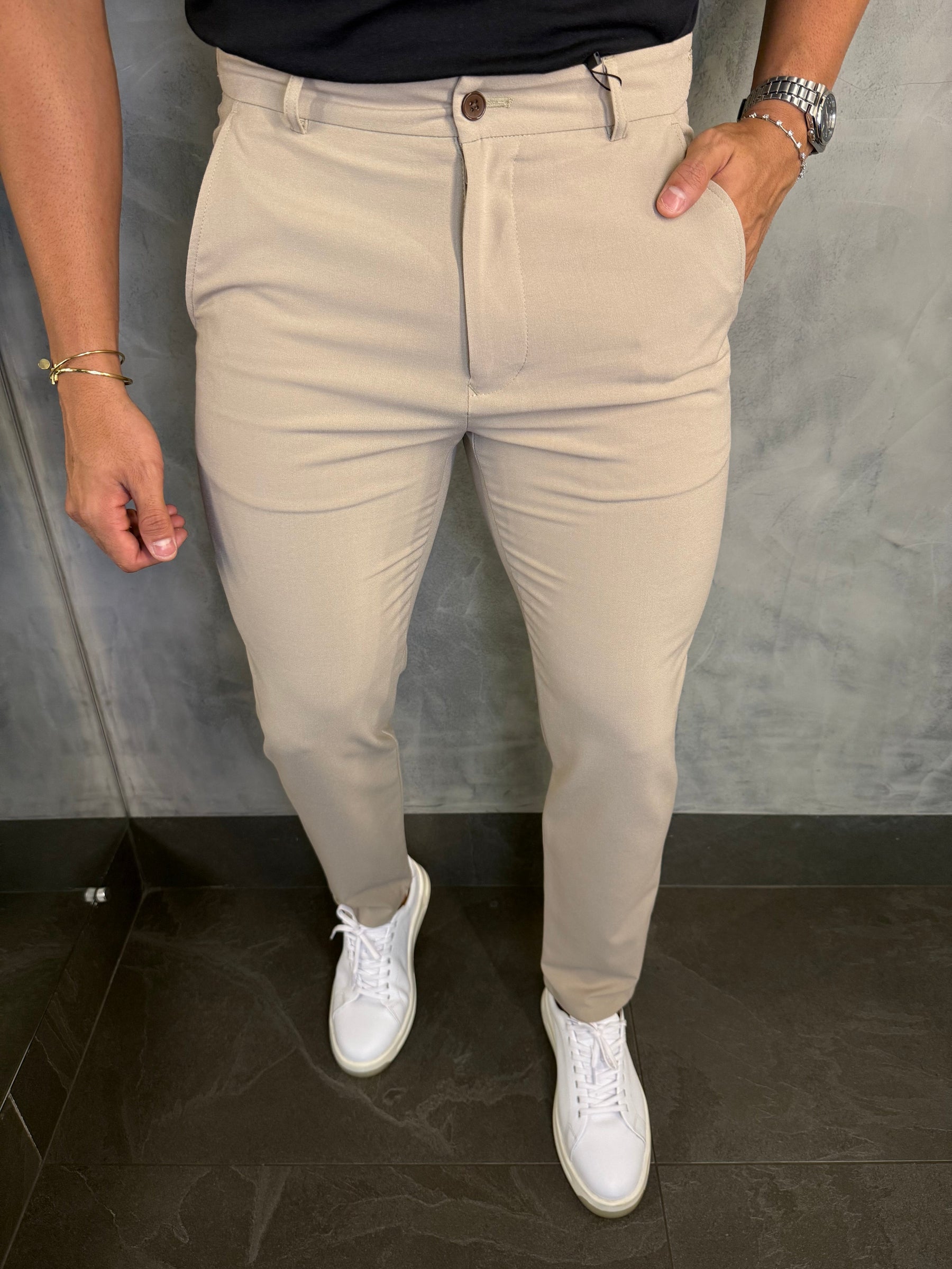 CALÇA ALF. SLIM STRETCH C/ AJUSTE BOTÃO PONTO H KHAKI