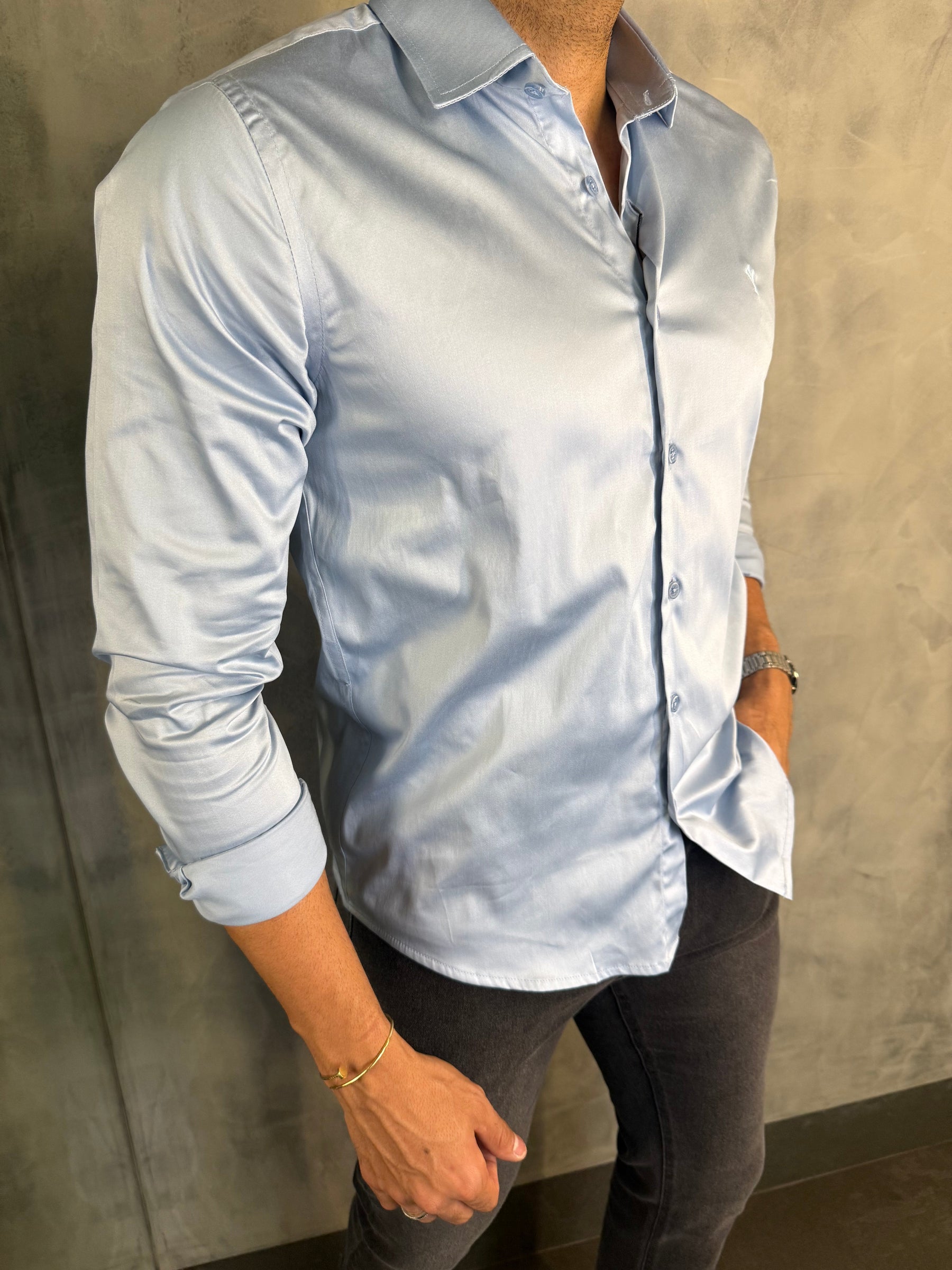 CAMISA ACETINADA STRETCH SLIM FIT M/L INDICCATTO AZUL CL