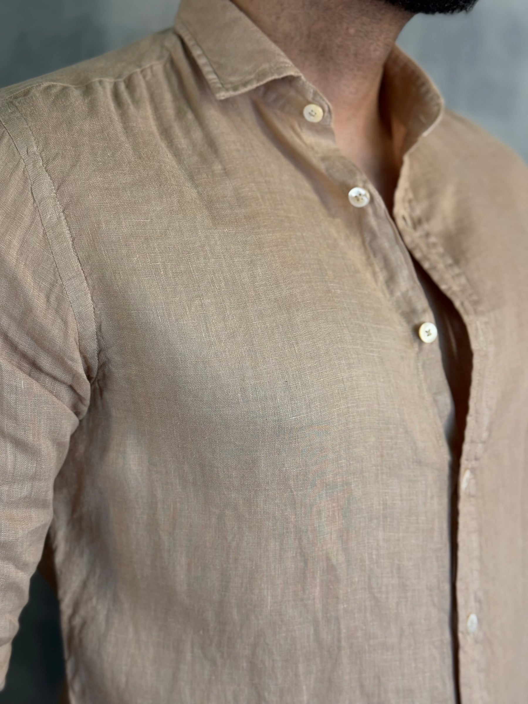 CAMISA M/L PURO LINHO PONTO H BEGE