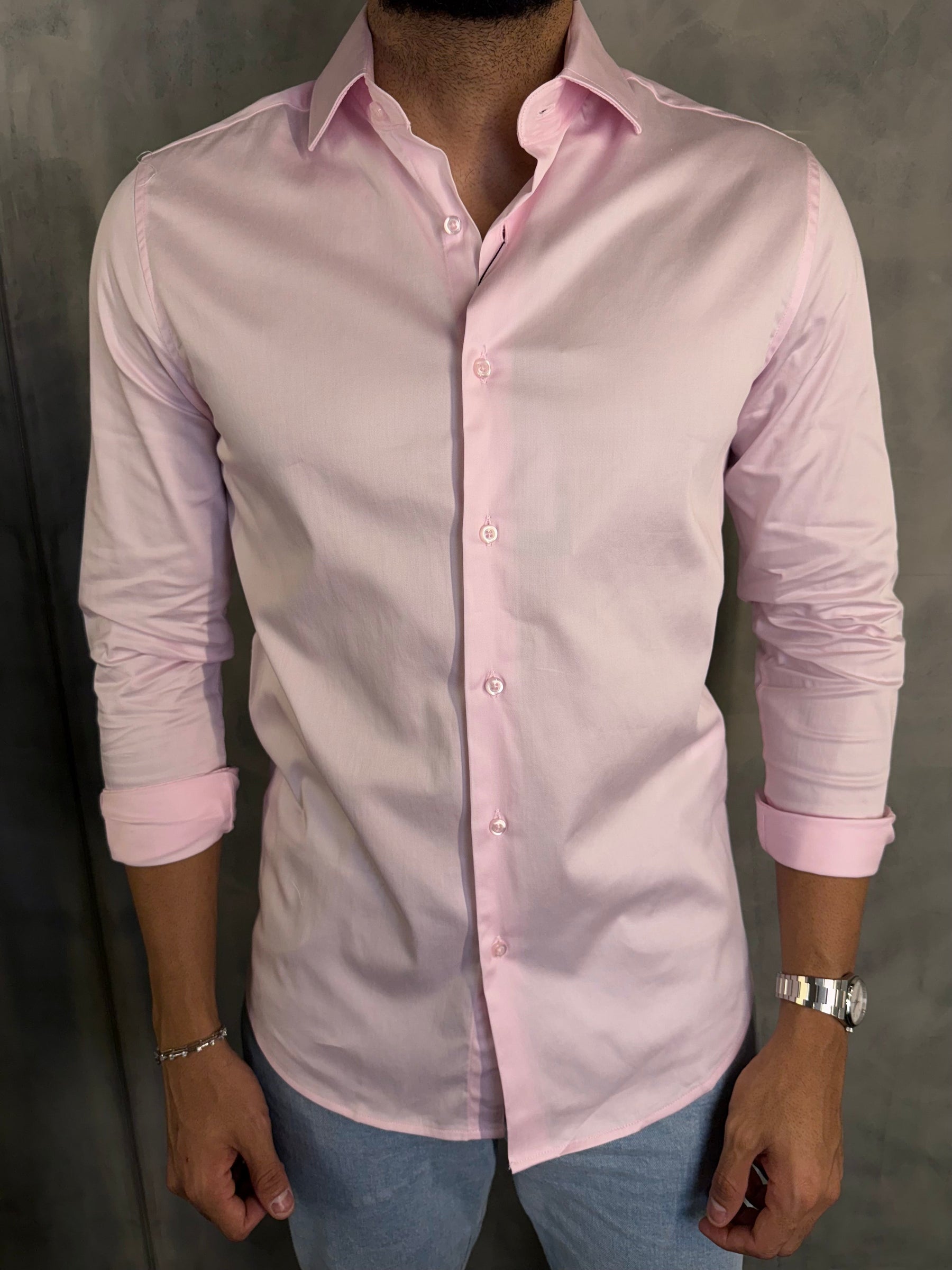 CAMISA M/L CETIM ELASTANO PONTO H ROSA