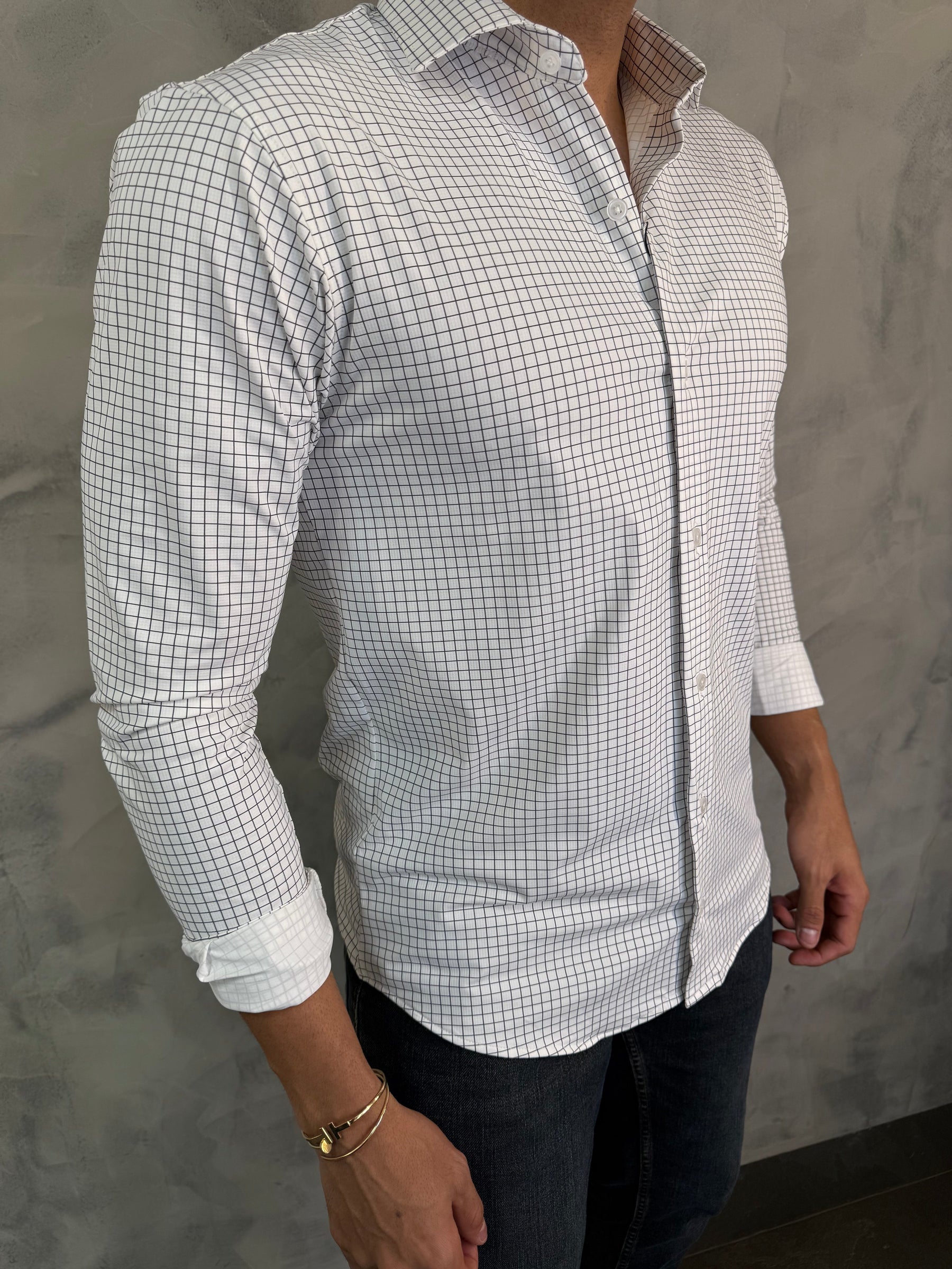 CAMISA M/L SLIM POLIAMIDA XADREZ PONTO H BRANCO