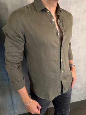 CAMISA M/L PURO LINHO PONTO H VERDE OLIVA