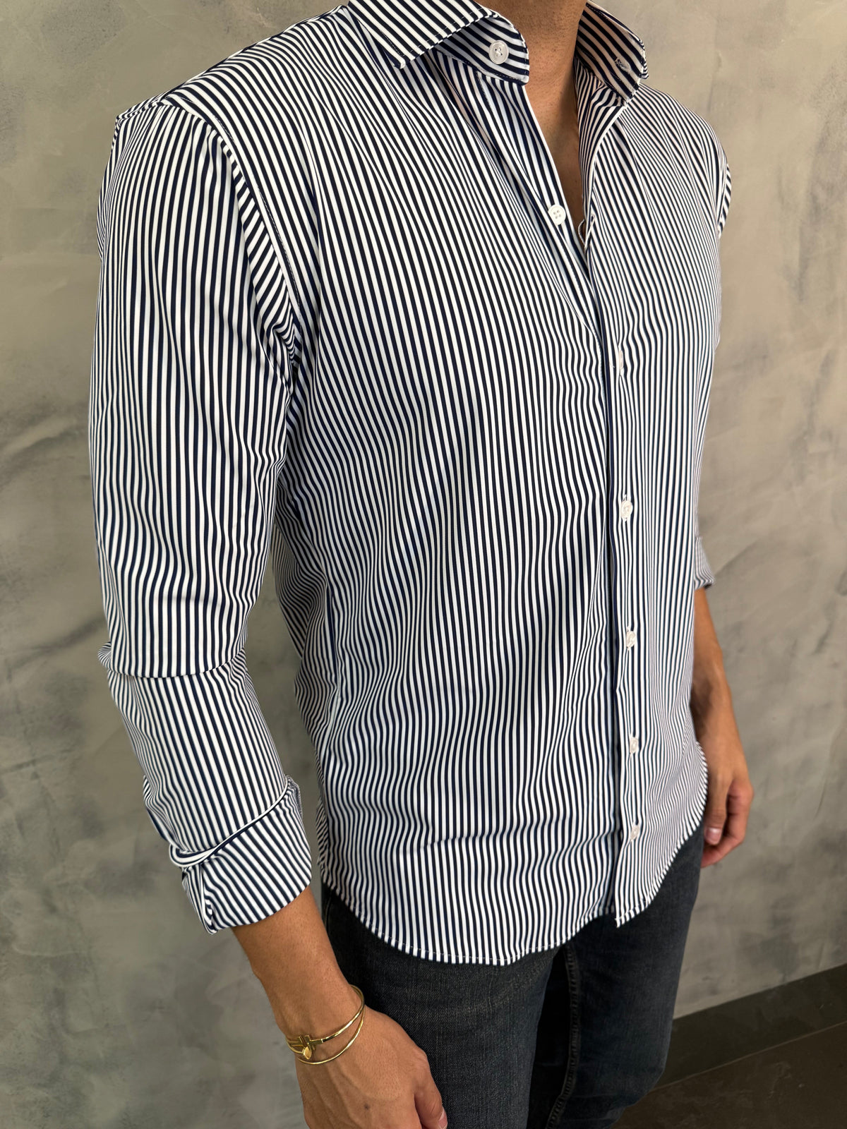 CAMISA M/L SLIM POLIAMIDA LISTRADA PONTO H MARINHO