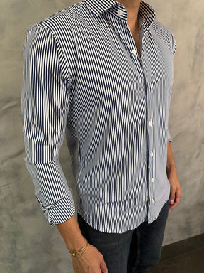 CAMISA M/L SLIM POLIAMIDA LISTRADA PONTO H MARINHO