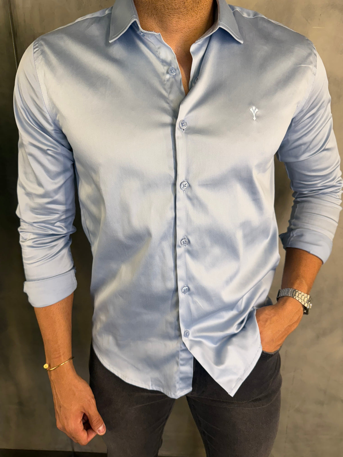 CAMISA ACETINADA STRETCH SLIM FIT M/L INDICCATTO AZUL CL