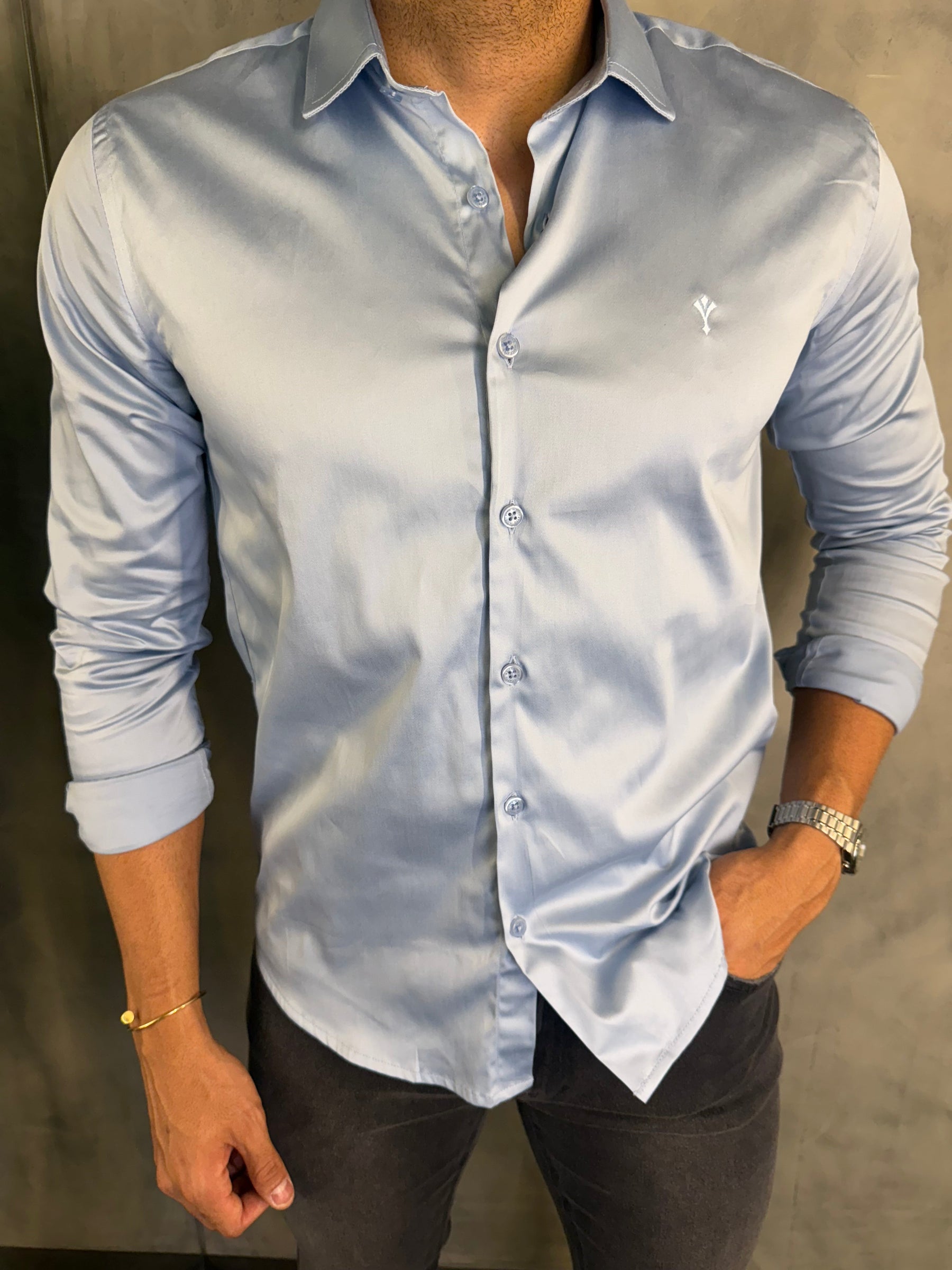 CAMISA ACETINADA STRETCH SLIM FIT M/L INDICCATTO AZUL CL