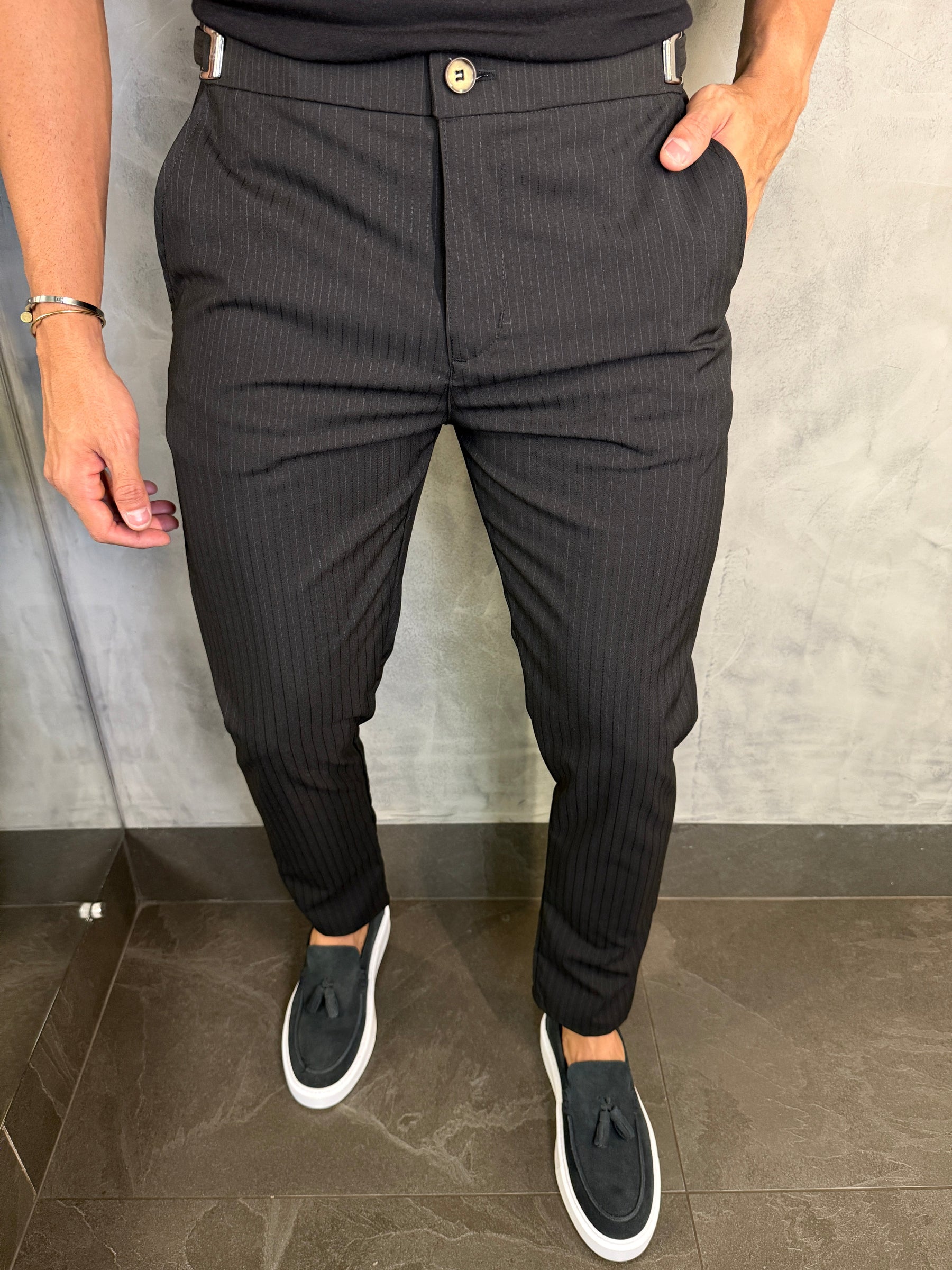 CALÇA ALF. RISCA DE GIZ ÉVORA PONTO H PRETO