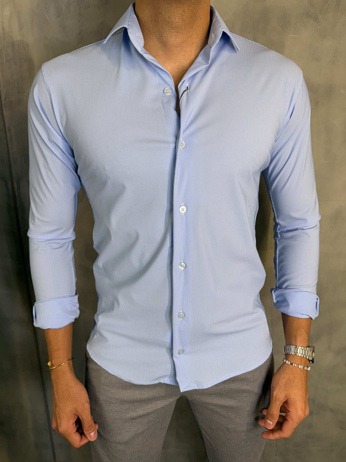 CAMISA M/L SLIM POLIAMIDA MICROLISTRAS PONTO H AZUL CLARO
