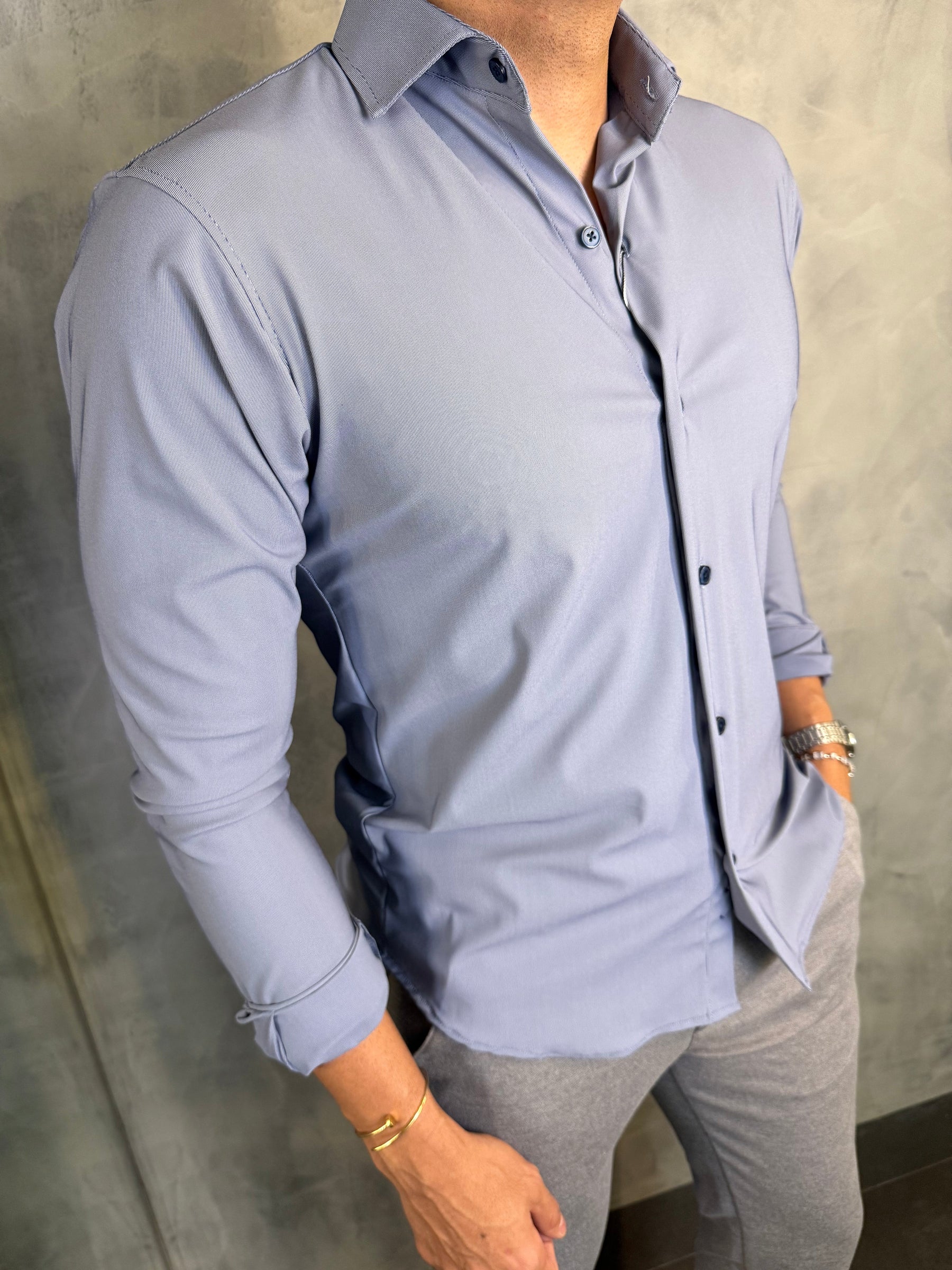 CAMISA M/L SLIM POLIAMIDA MICROLISTRAS PONTO H MARINHO