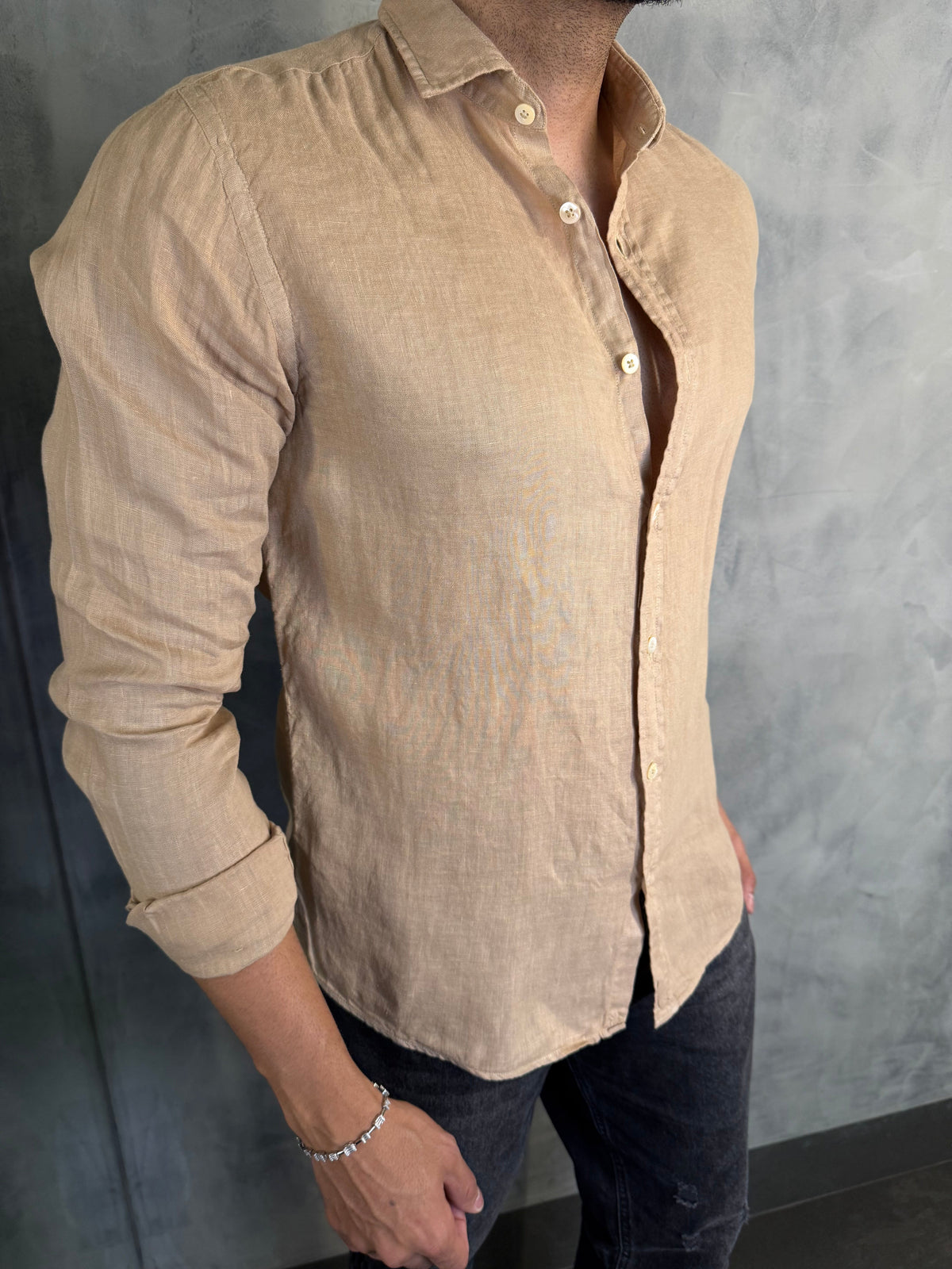 CAMISA M/L PURO LINHO PONTO H BEGE