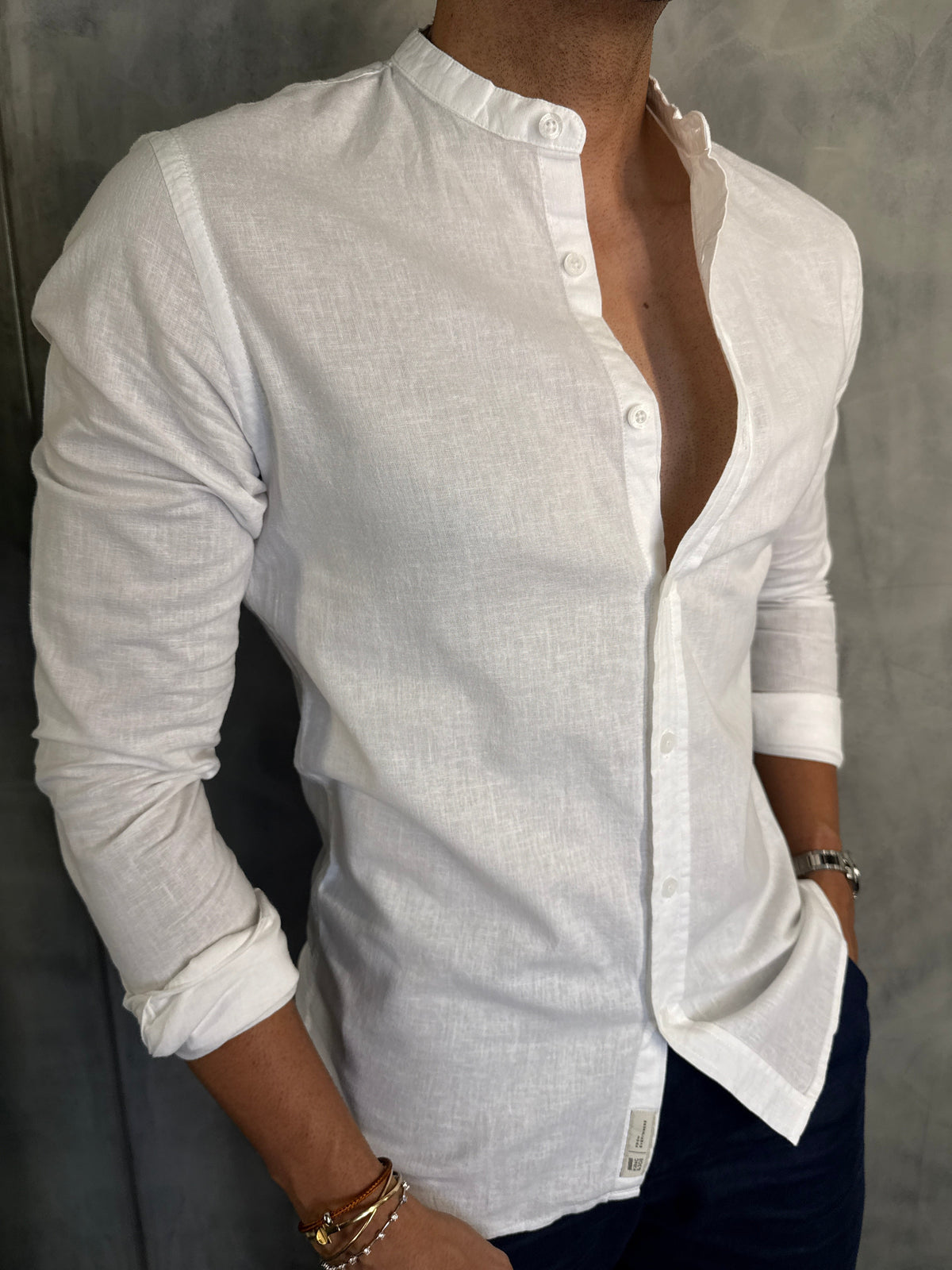 CAMISA M/L GOLA PADRE LINHO CASUAL KINGEJOE BRANCO