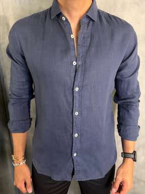 CAMISA M/L PURO LINHO PONTO H AZUL ESCURO