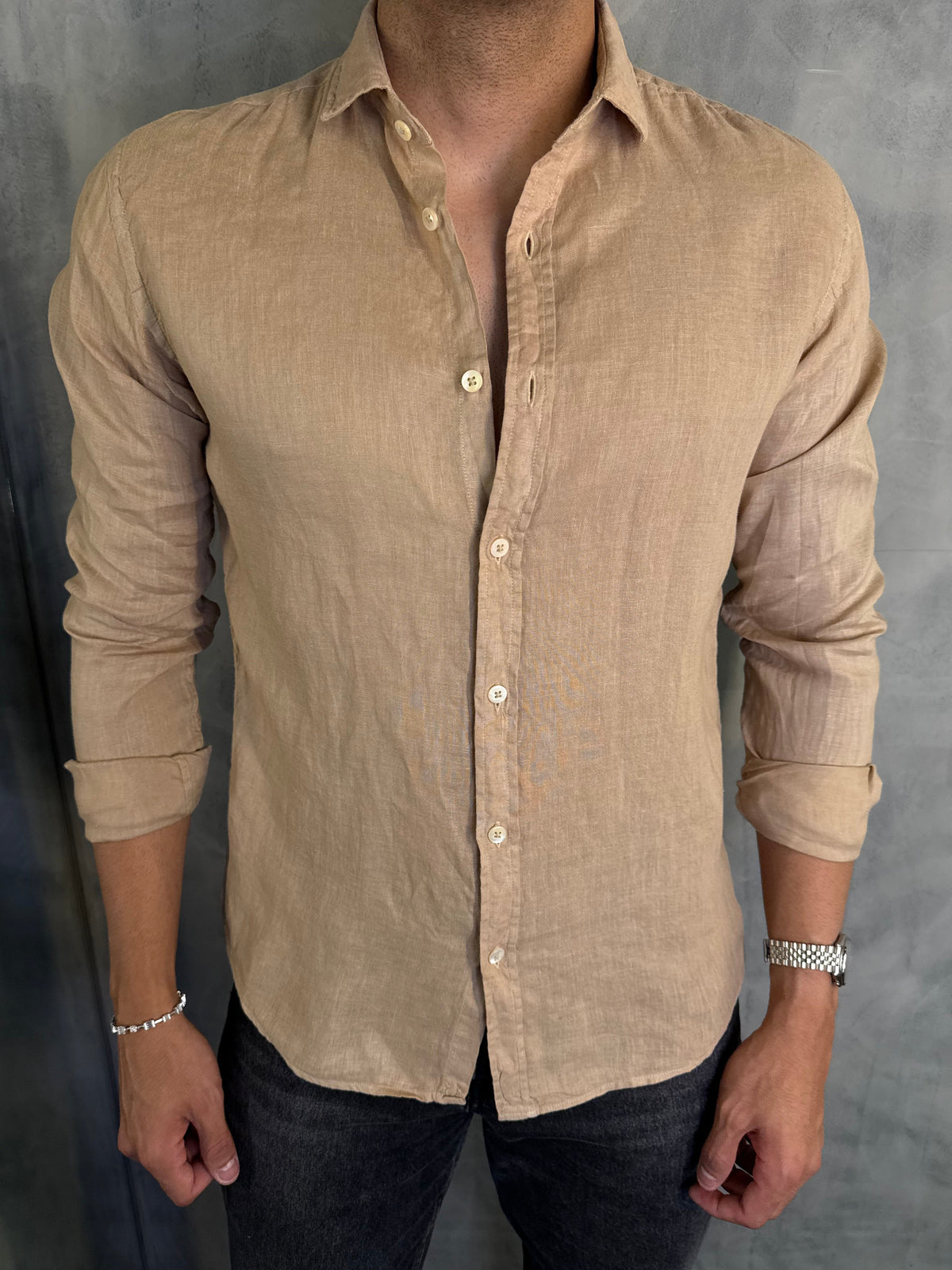 CAMISA M/L PURO LINHO PONTO H BEGE