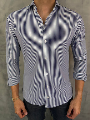 CAMISA M/L SLIM POLIAMIDA LISTRADA PONTO H MARINHO