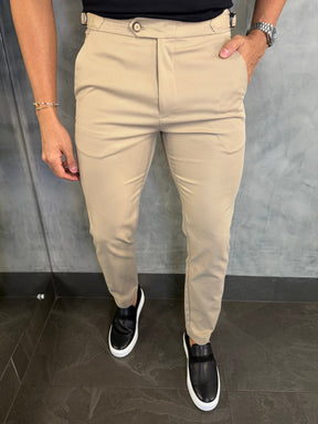 CALÇA ALF. MAQUINETADA SKINNY AJUSTE FIVELA PONTO H BEGE