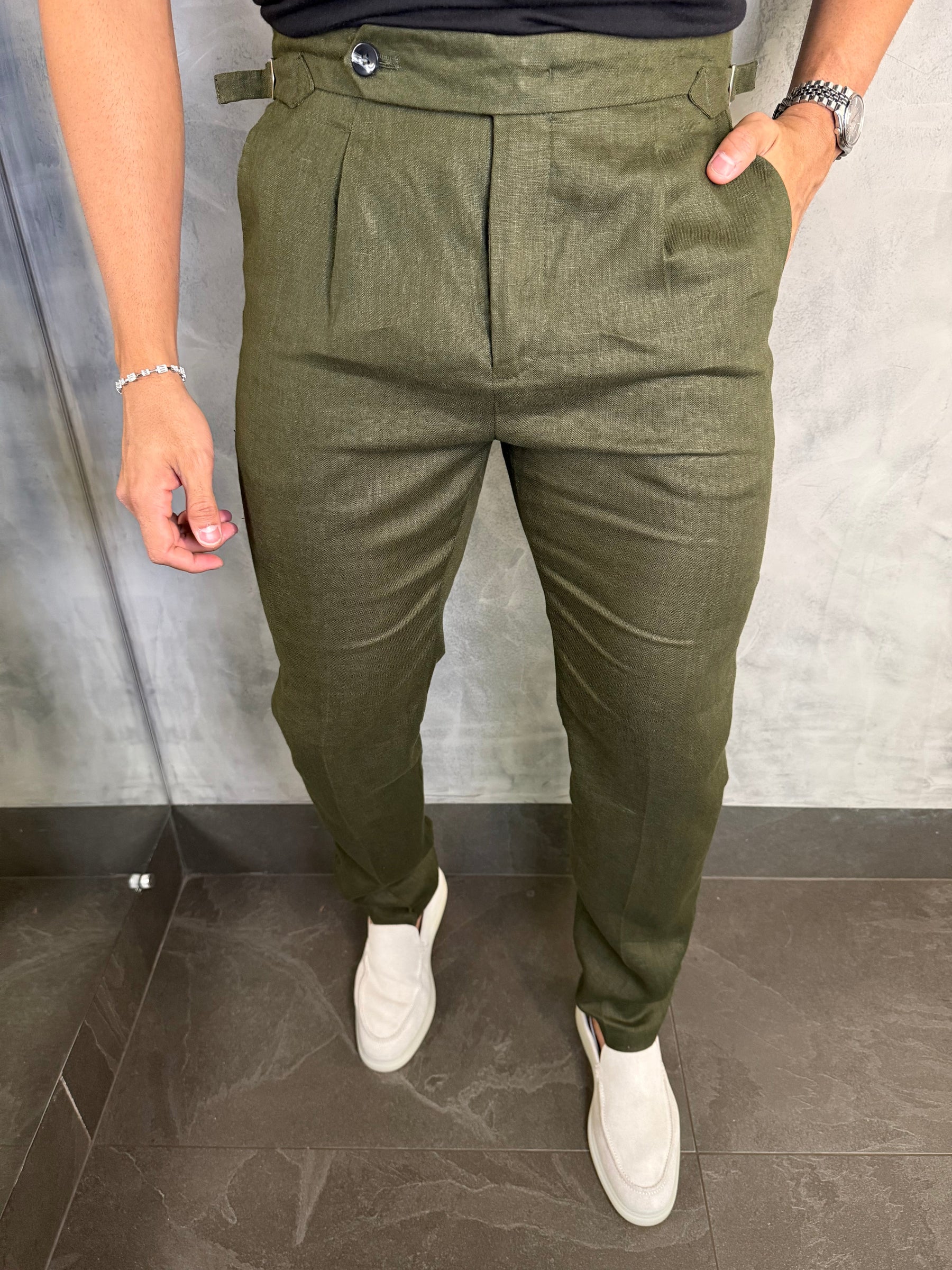 CALÇA ALF. GURKHA PURO LINHO PONTO H VERDE MILITAR