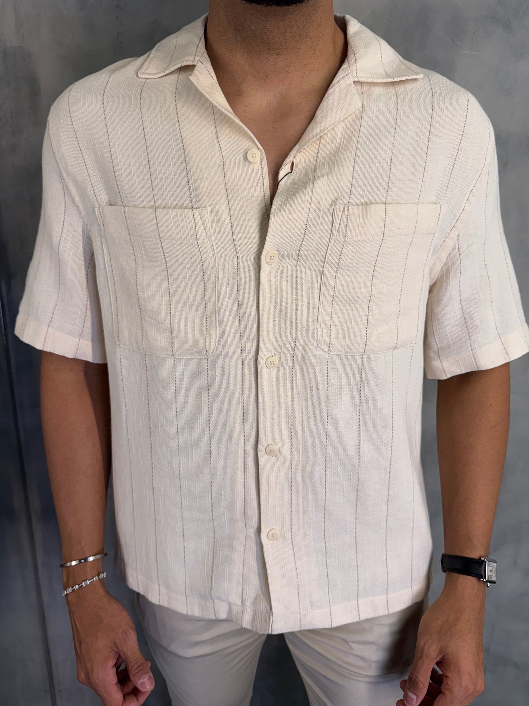 CAMISA M/C LINHO LISTRADO PONTO H OFF WHITE