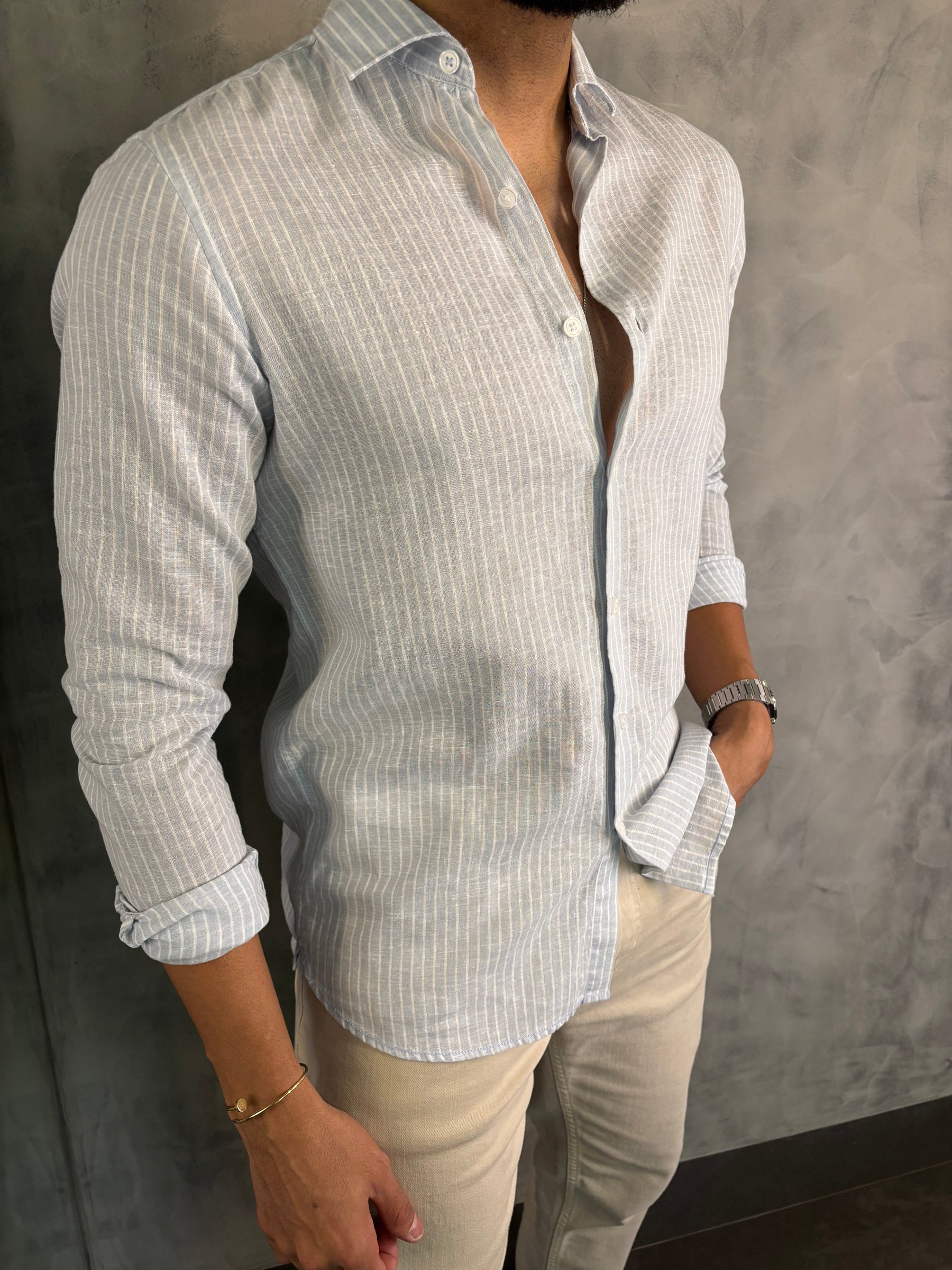 CAMISA LINHO FIO TINTO LISTRADO M/L PONTO H