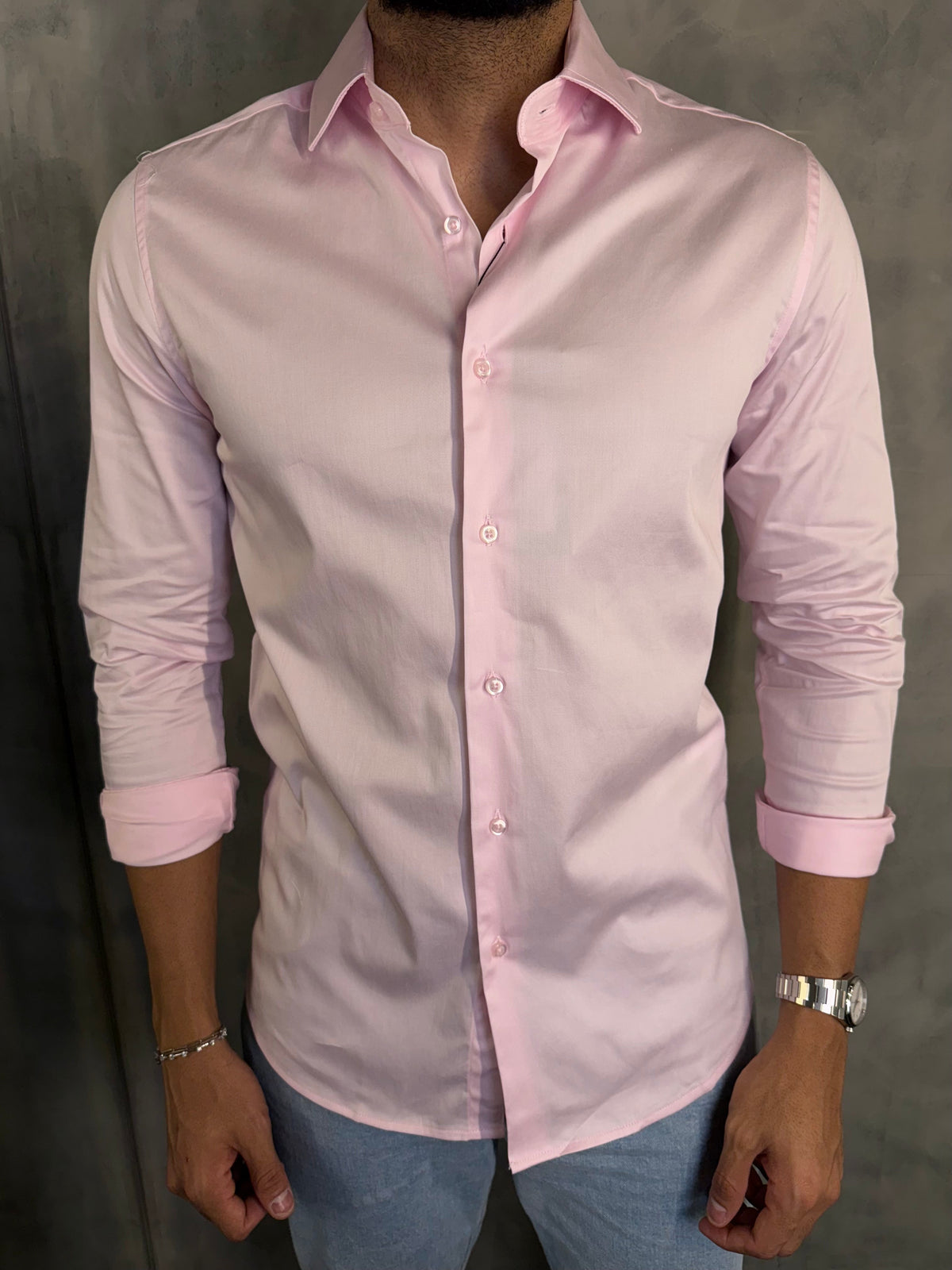 CAMISA M/L CETIM ELASTANO PONTO H ROSA