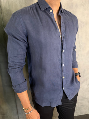 CAMISA M/L PURO LINHO PONTO H AZUL ESCURO