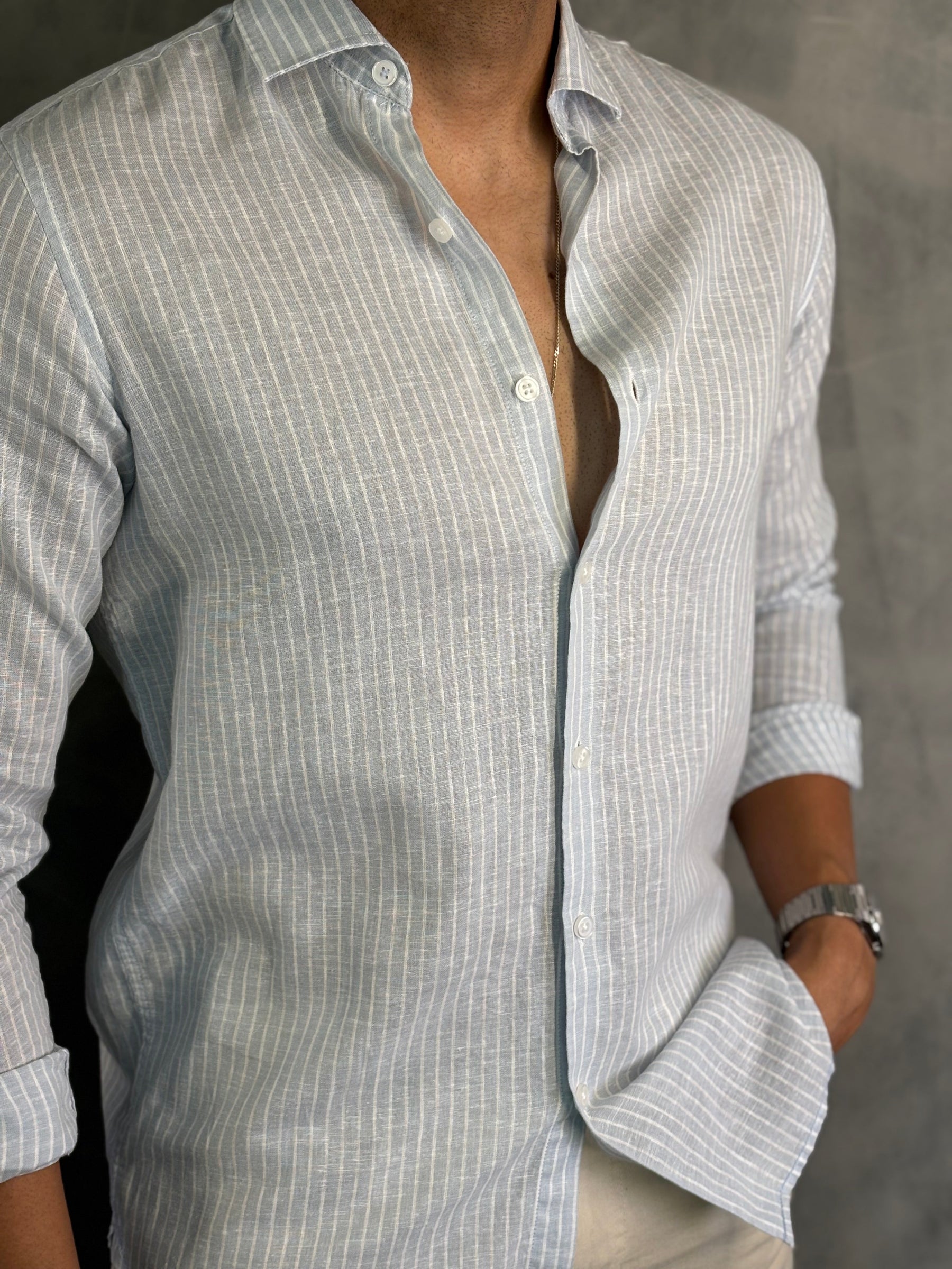 CAMISA LINHO FIO TINTO LISTRADO M/L PONTO H