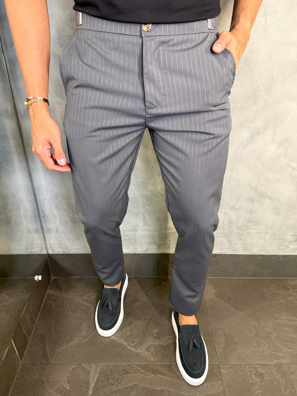 CALÇA ALF. RISCA DE GIZ ÉVORA PONTO H CHUMBO