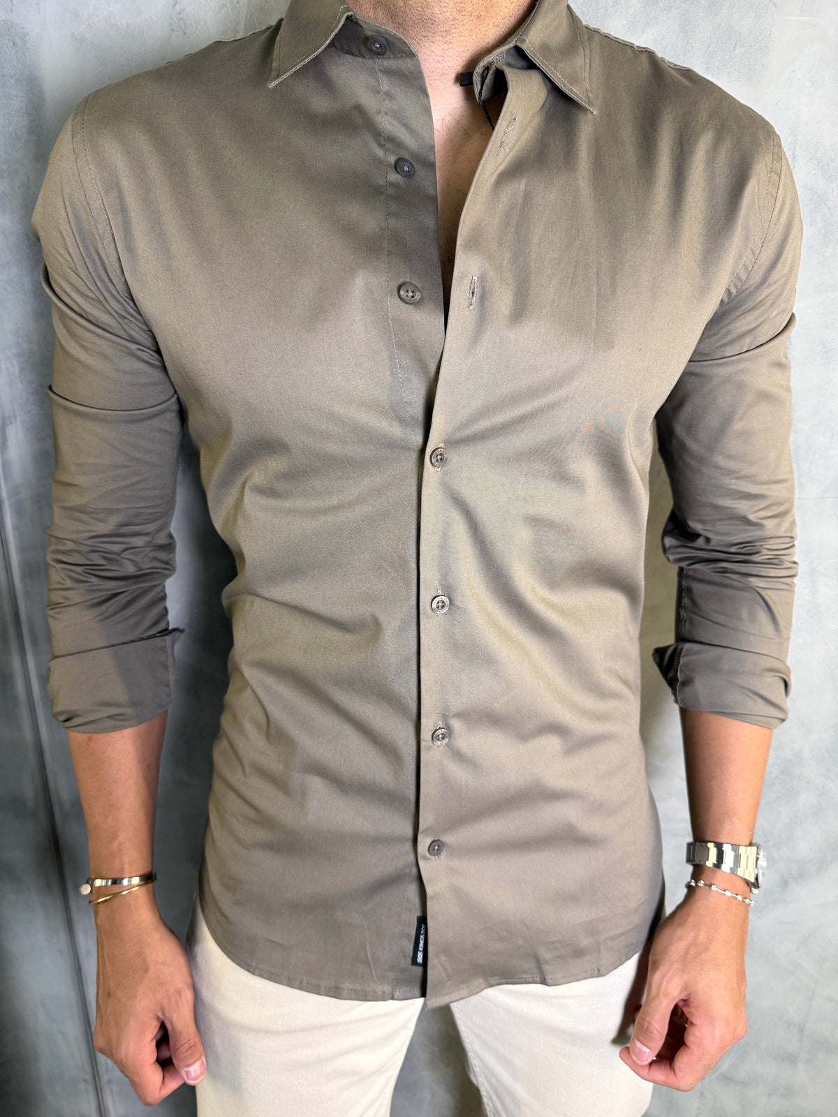 CAMISA M/L SOCIAL ELASTANO KINGEJOE KAKI