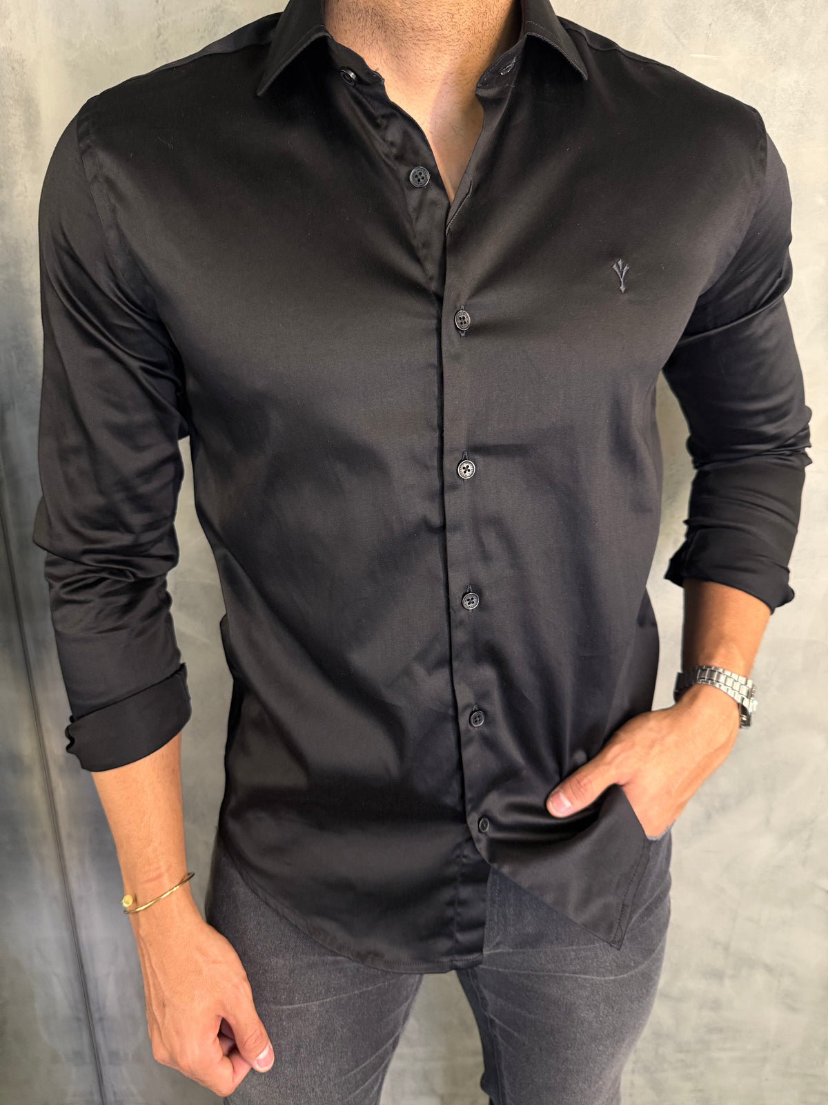 CAMISA ACETINADA STRETCH SLIM FIT M/L INDICCATTO PRETO