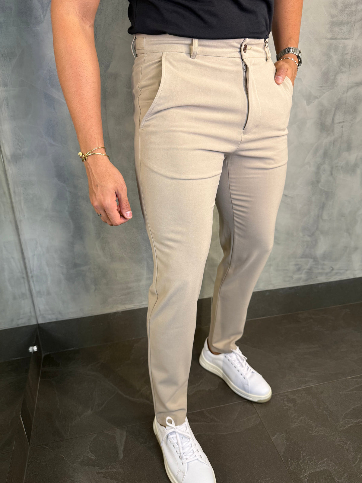 CALÇA ALF. SLIM STRETCH C/ AJUSTE BOTÃO PONTO H KHAKI